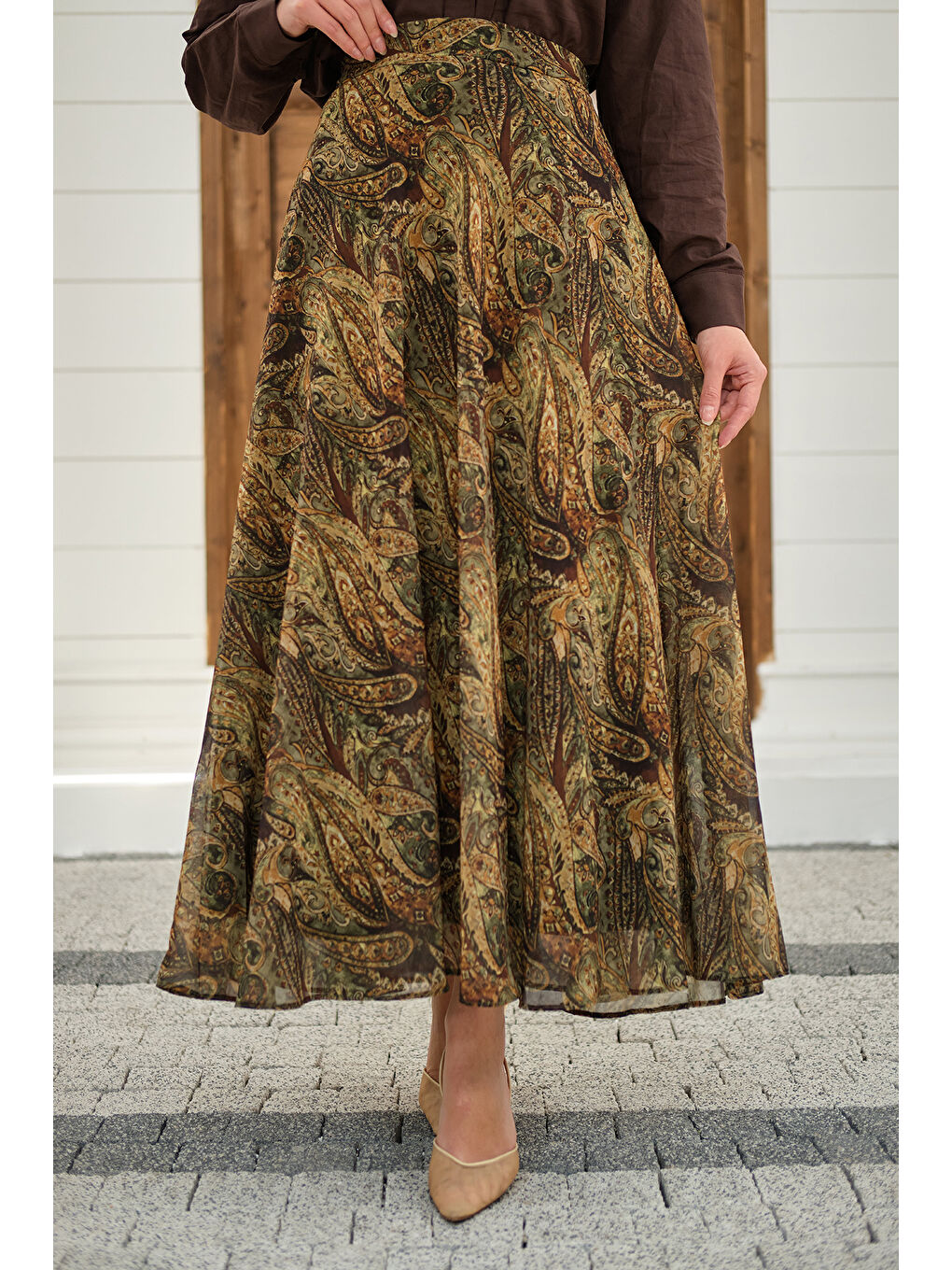 Kadın Etnik Desen Şifon Etek Yeşil-1