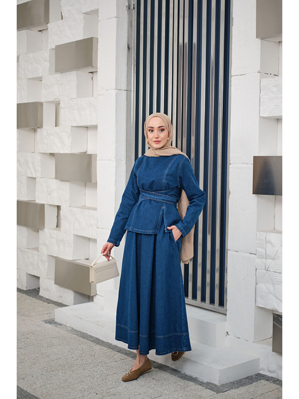 Kadın Önden Yırtmaçlı Beli Kemerli Takım Lacivert-2