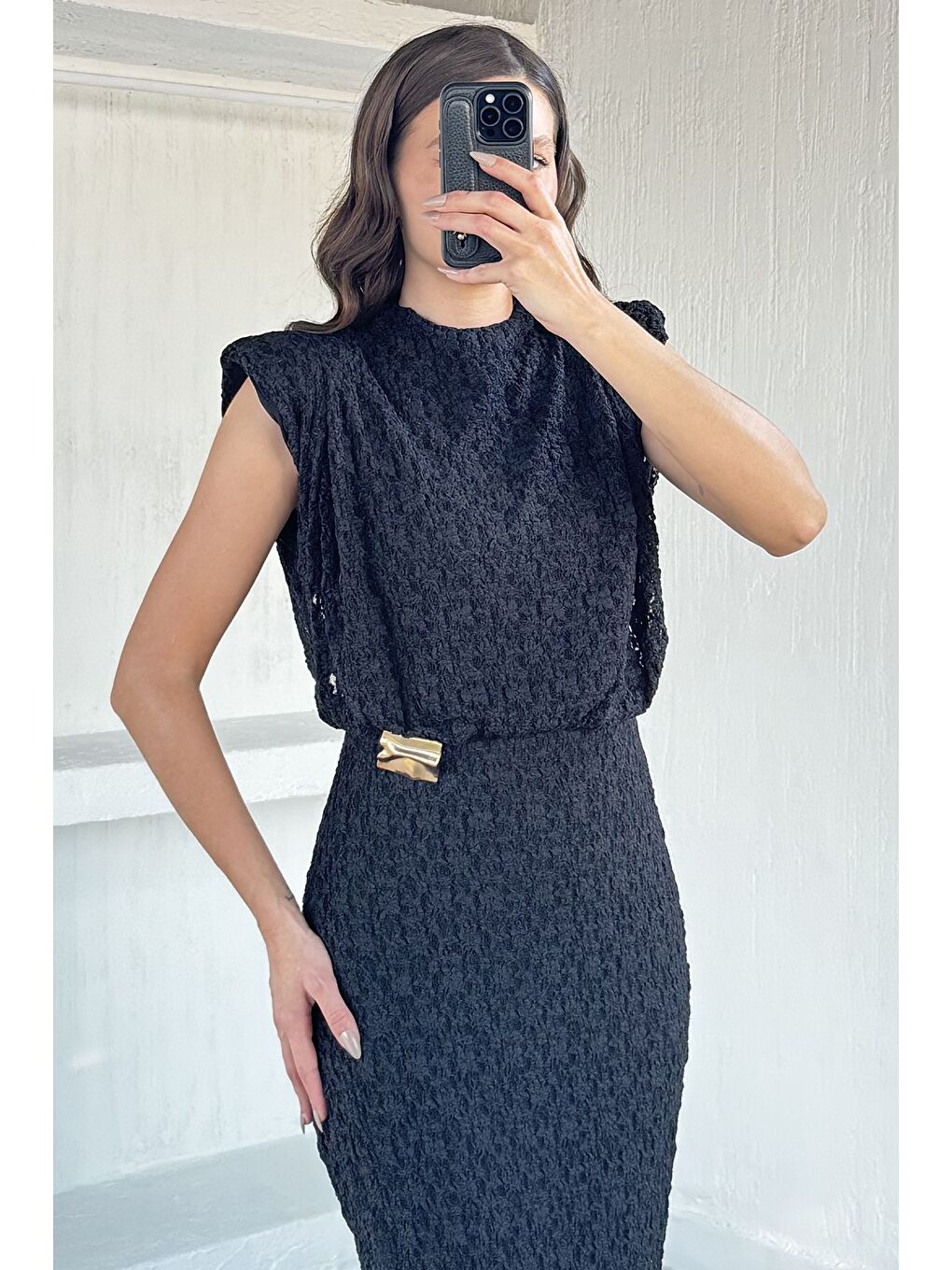 Siyah Kadın Omuz Vatkalı Astarlı Dantel Elbise - S000482849-19351-1