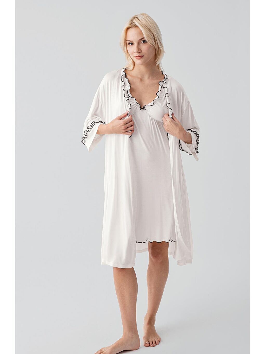 Ekru Askılı Kısa Esnek Viskoz Hamile Sabahlık Gecelik Takım 19400-5