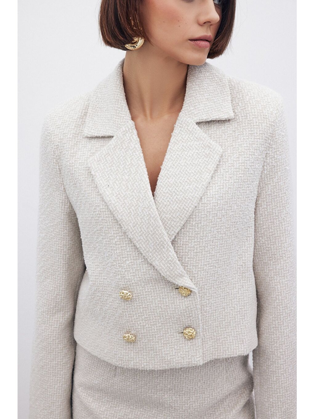 Bej Simli Kısa Tüvit Ceket - Taş-4