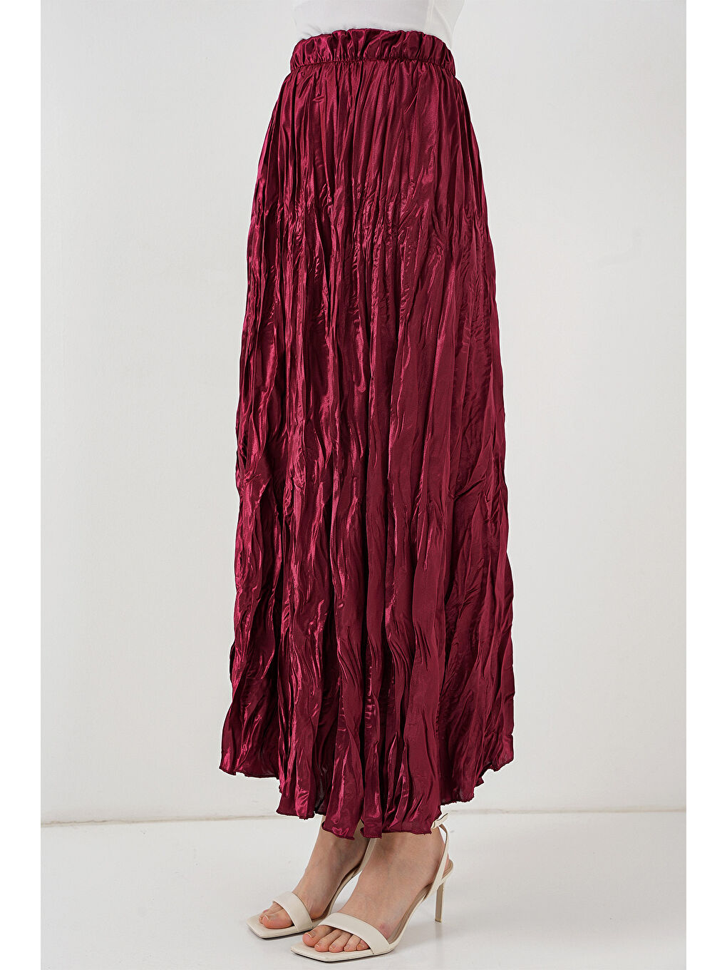Kadın Uzun Kırışık Etek 8034 - Bordo-1