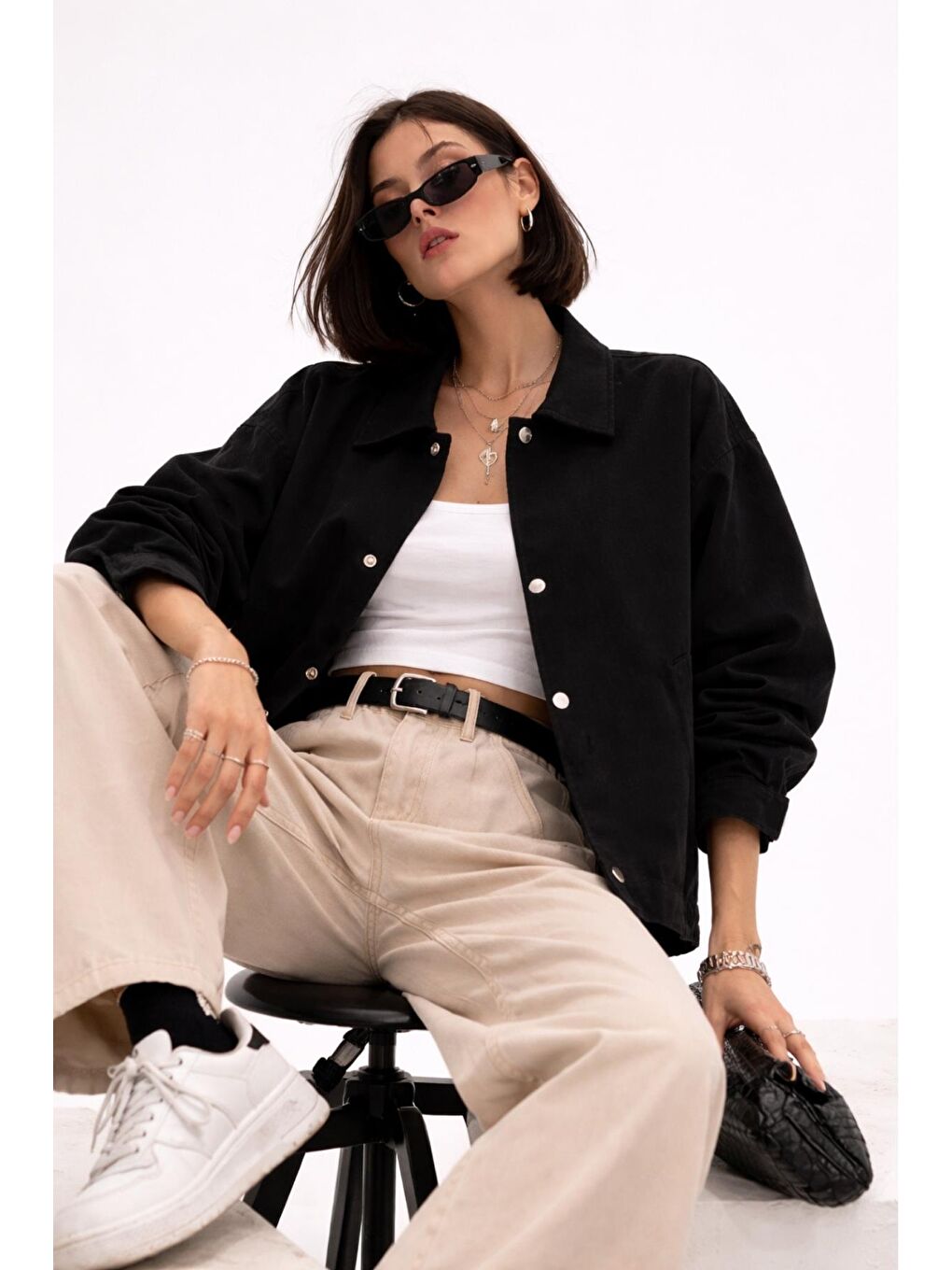 Siyah Kadın Oversize Basic Gabardin Mevsimlik Polo Yaka Ceket-2