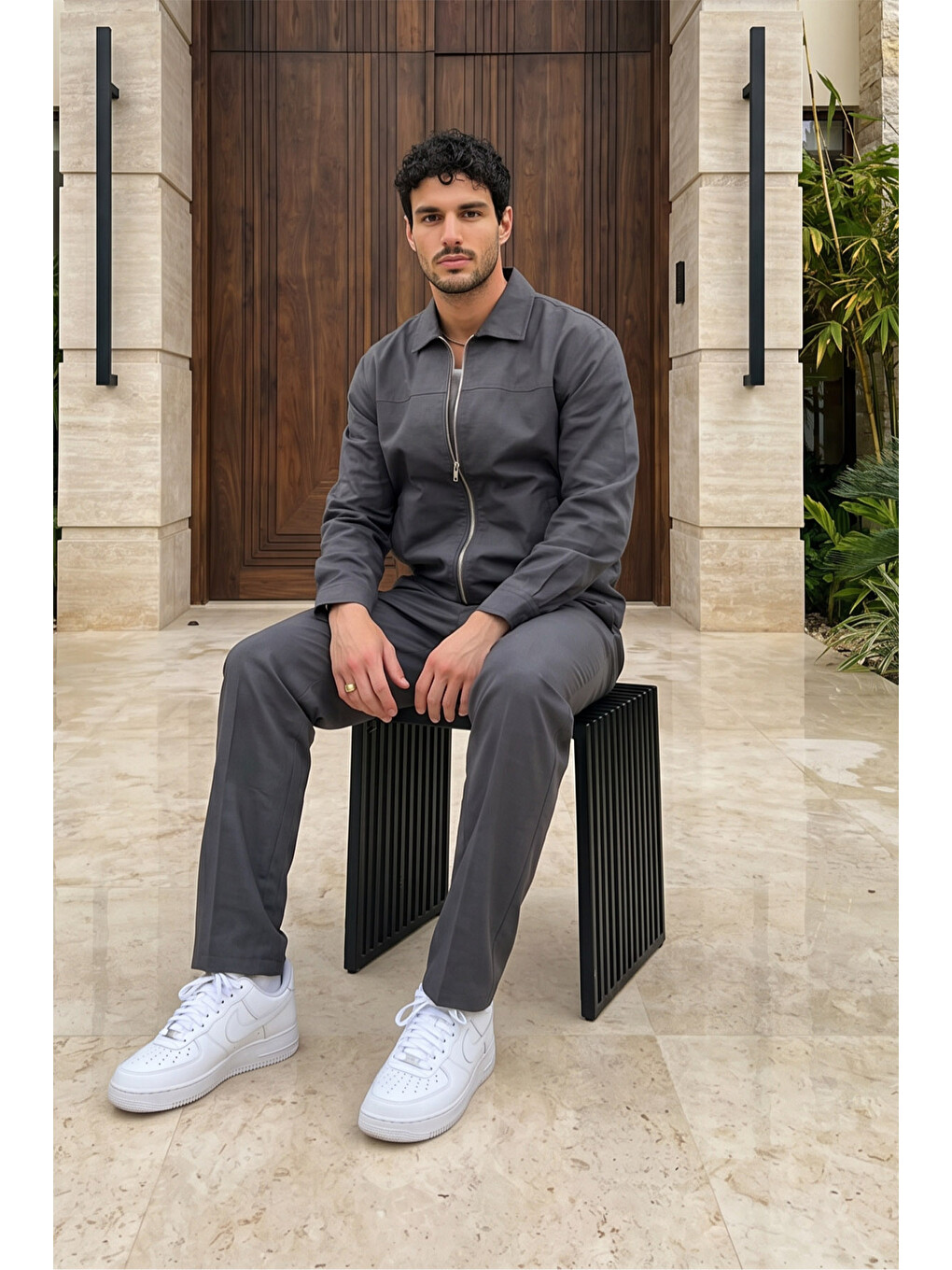 Antrasit Artigas Premium Fermuarlı Düz Basic Ceket Pantolon Erkek Takım Relax Kalıp-2