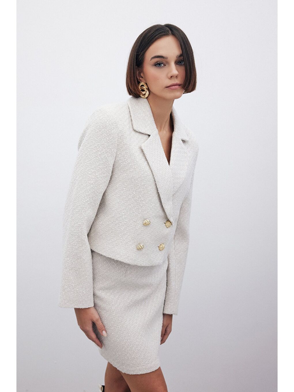 Bej Simli Kısa Tüvit Ceket - Taş-5