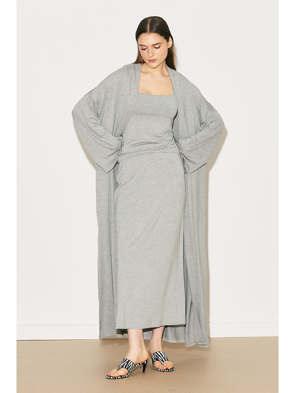 Easy Rahat Uzun Kimono Gri Melanj