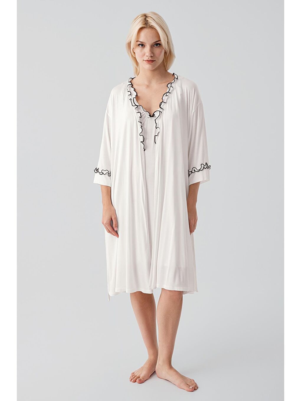 Ekru Askılı Kısa Esnek Viskoz Hamile Sabahlık Gecelik Takım 19400-6