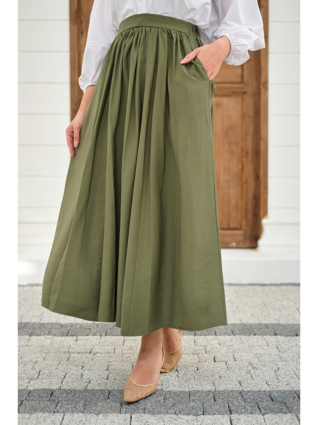 Kadın Önden Büzgülü Çift Cepli Etek Haki Yeşil-3
