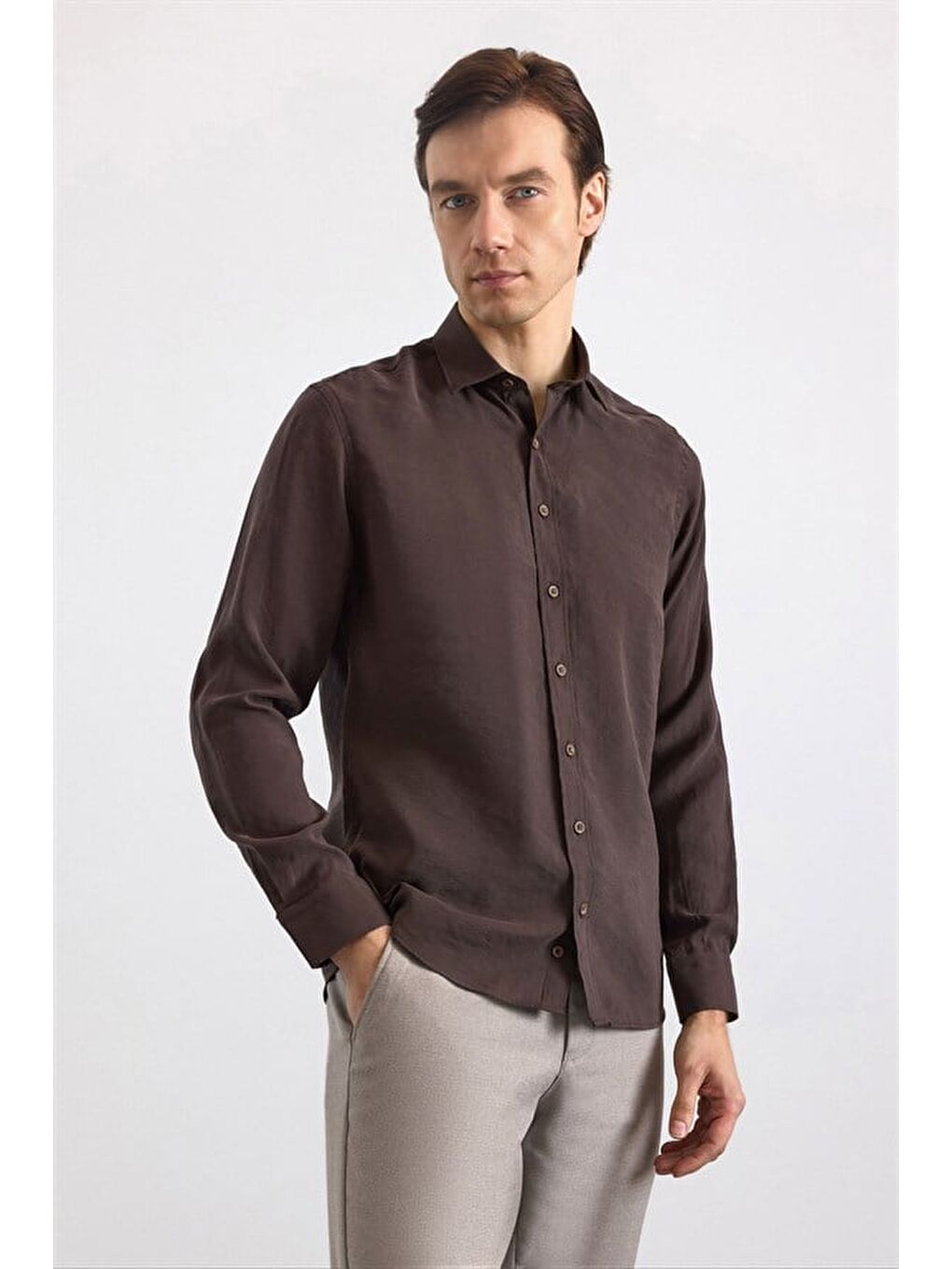 Kahverengi Koyu Kahve Slim Klasik Yaka Düz Casual Gömlek-2