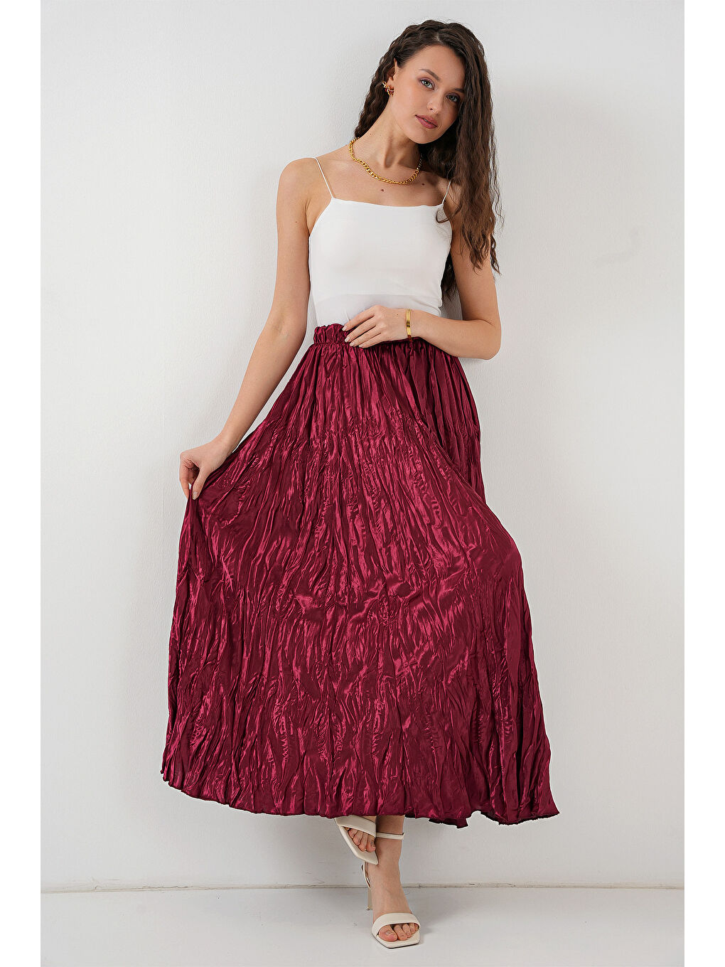 Kadın Uzun Kırışık Etek 8034 - Bordo-2