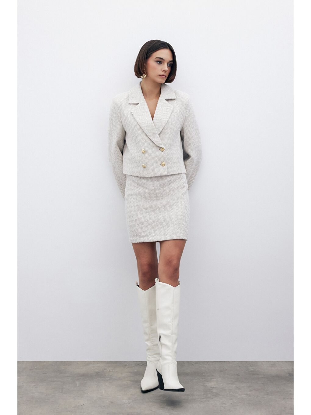 Bej Simli Kısa Tüvit Ceket - Taş-6