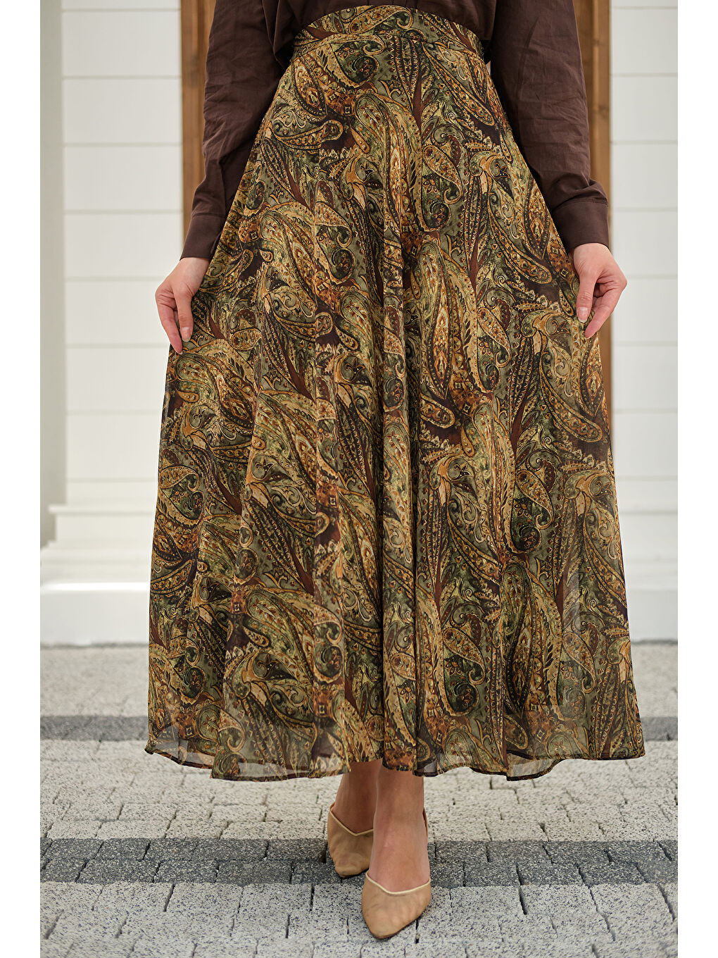 Kadın Etnik Desen Şifon Etek Yeşil-2