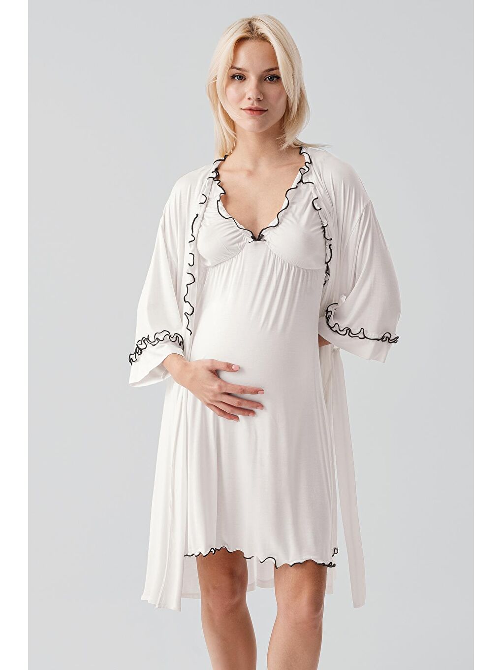 Ekru Askılı Kısa Esnek Viskoz Hamile Sabahlık Gecelik Takım 19400-7