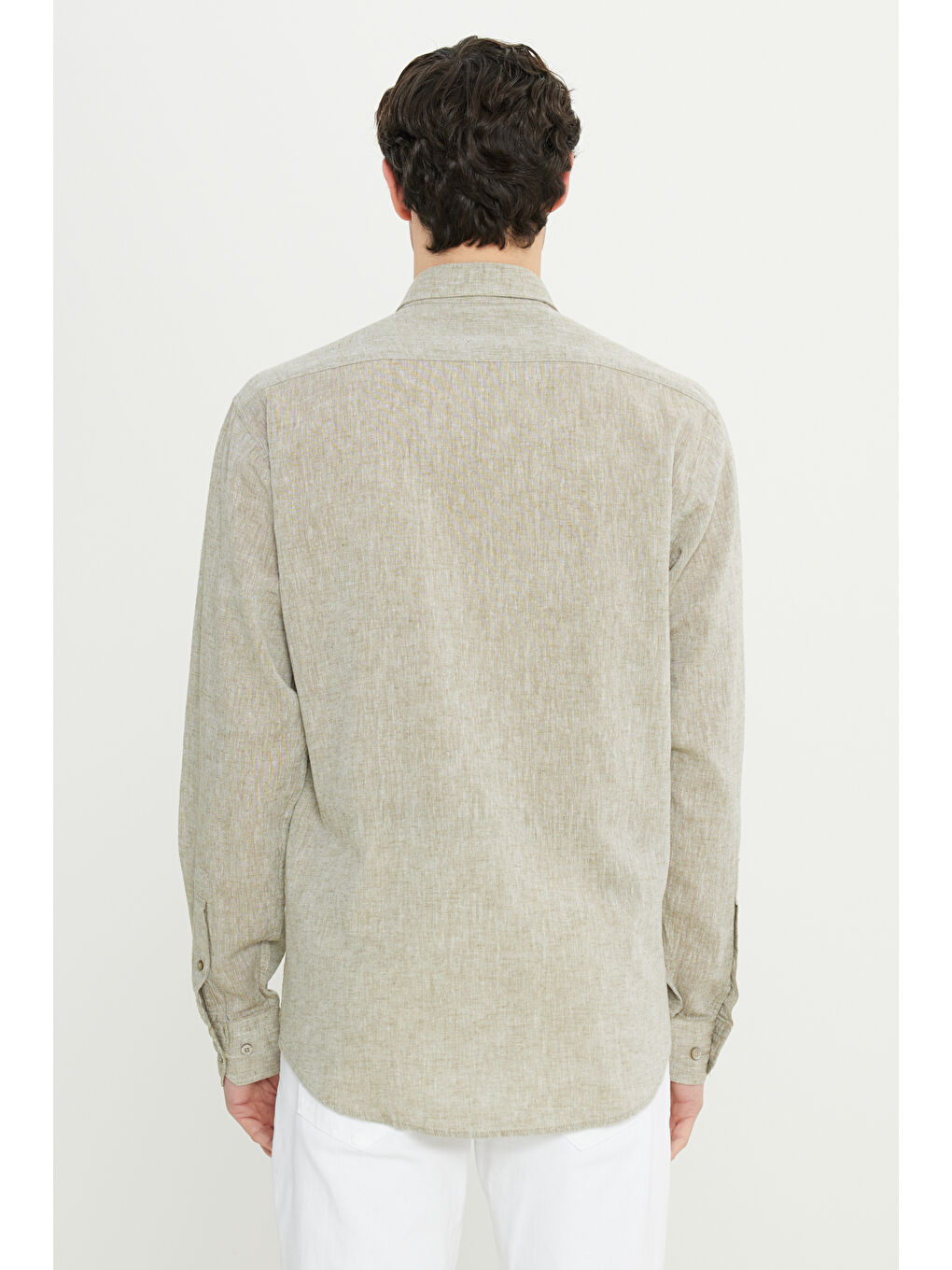 Erkek Haki Pamuklu Keten Comfort Fit Rahat Kesim Düğmeli Yaka Armürlü Gömlek-4