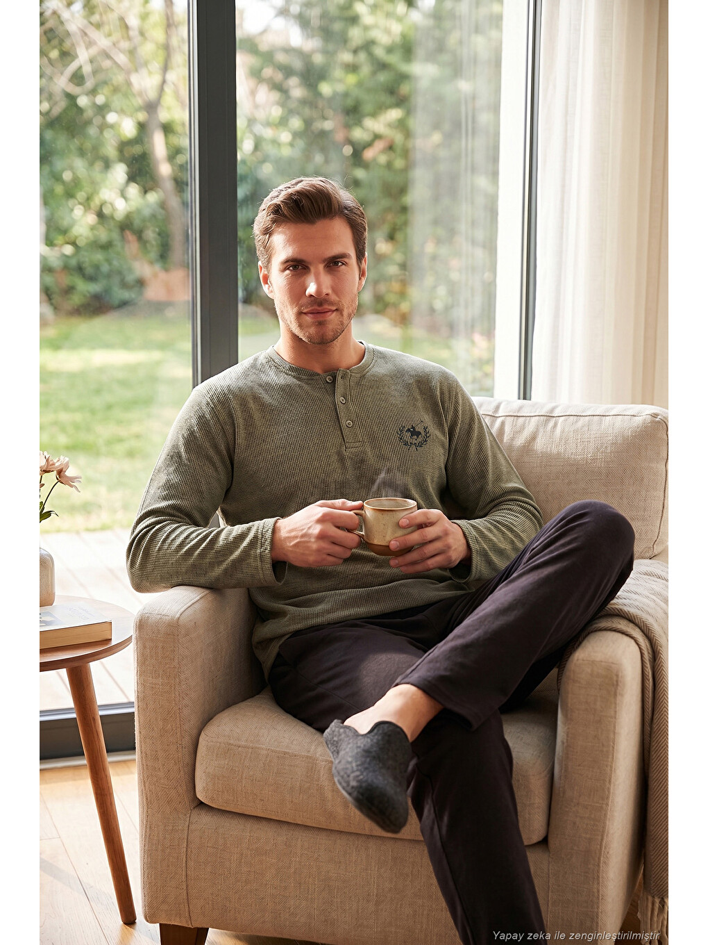 Haki Ultra Soft Düğmeli Bisiklet Yaka Pijama Takımı 6575011