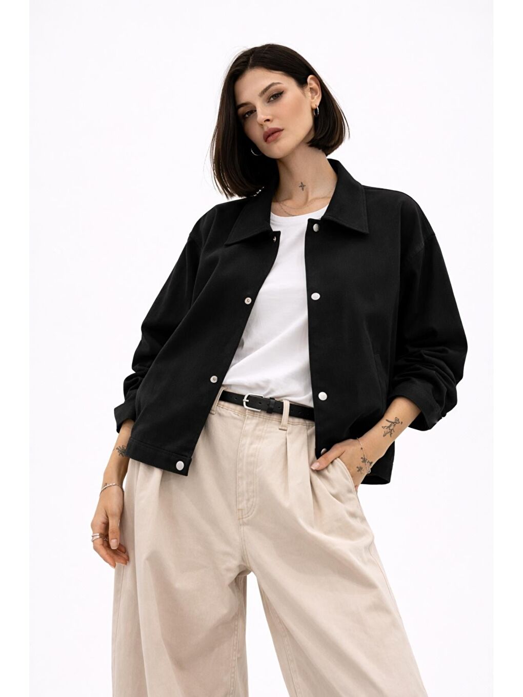 Siyah Kadın Oversize Basic Gabardin Mevsimlik Polo Yaka Ceket-3