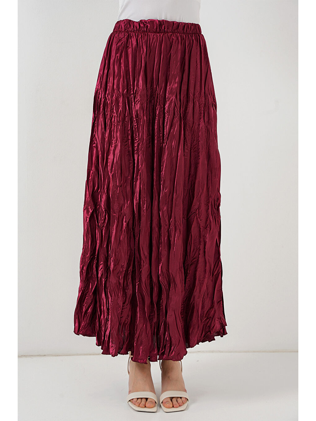 Kadın Uzun Kırışık Etek 8034 - Bordo-3