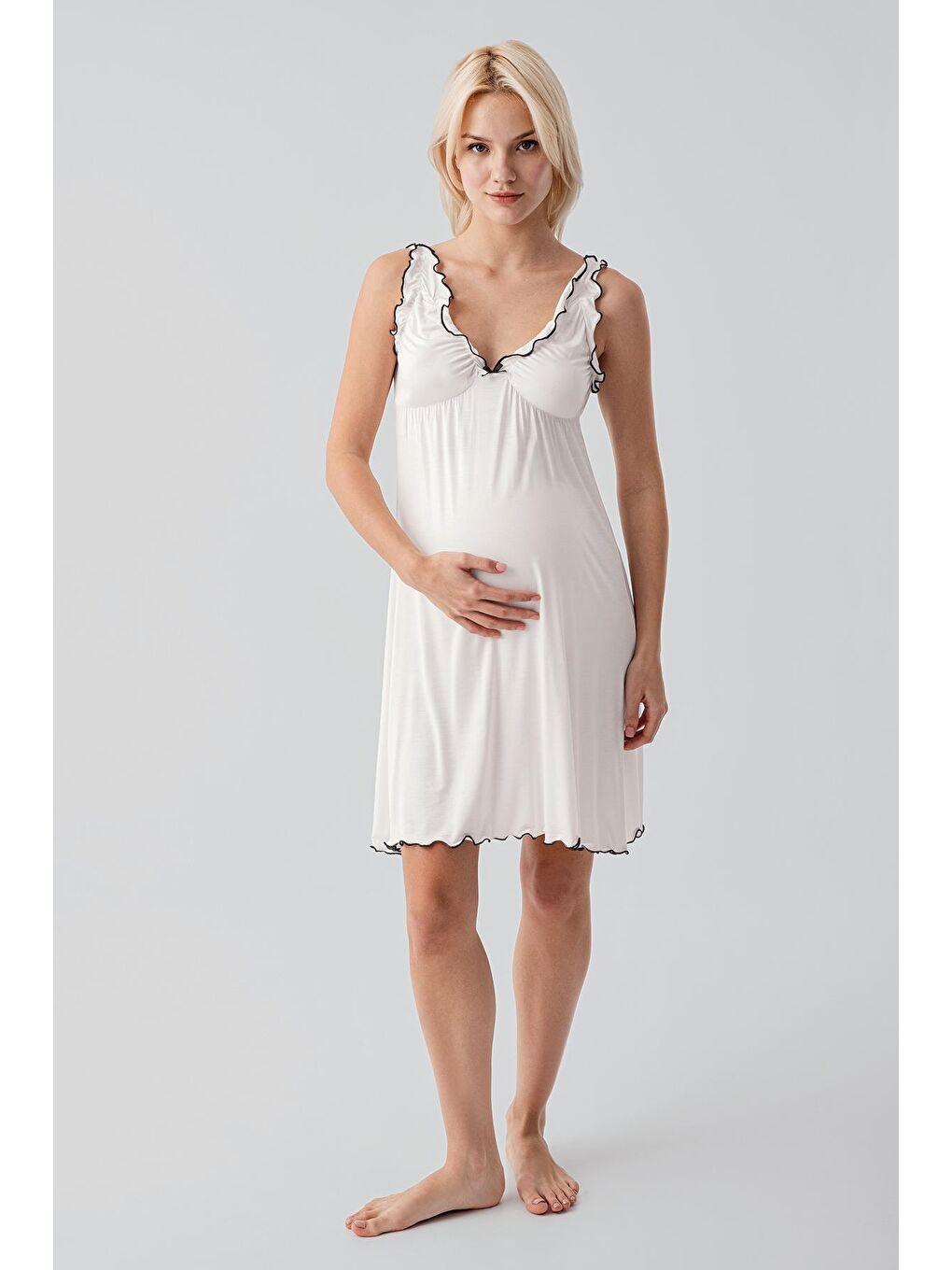 Ekru Askılı Kısa Esnek Viskoz Hamile Sabahlık Gecelik Takım 19400-8