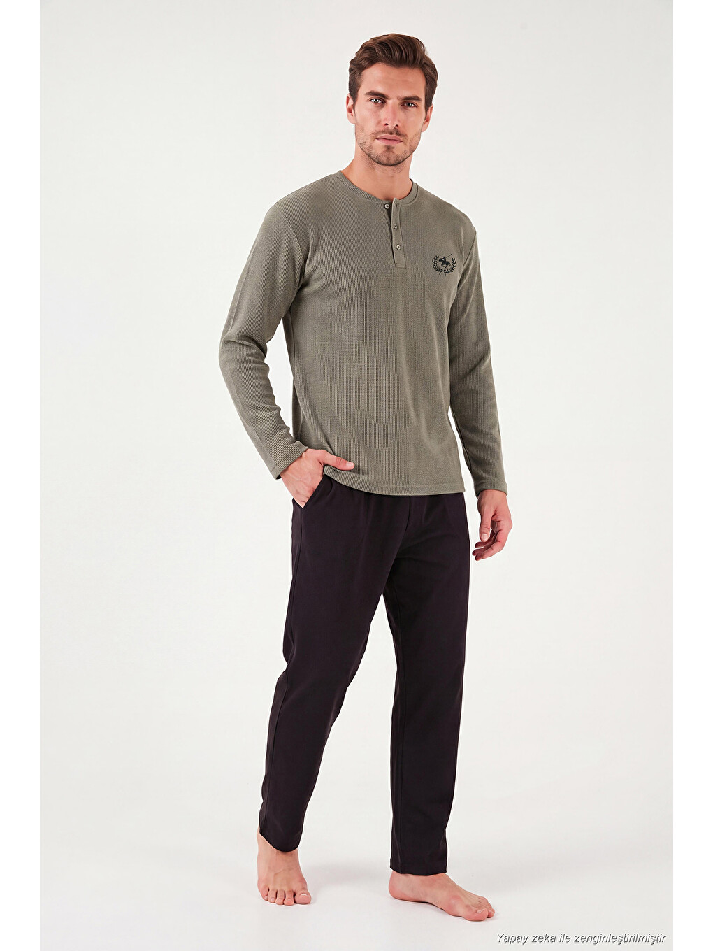 Haki Ultra Soft Düğmeli Bisiklet Yaka Pijama Takımı 6575011-1