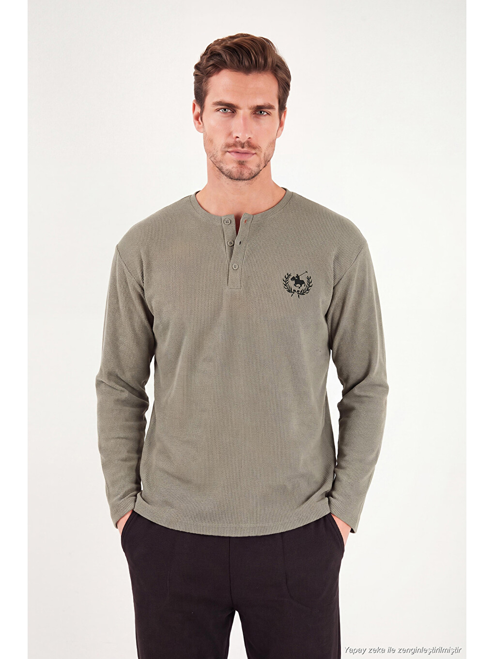 Haki Ultra Soft Düğmeli Bisiklet Yaka Pijama Takımı 6575011-2