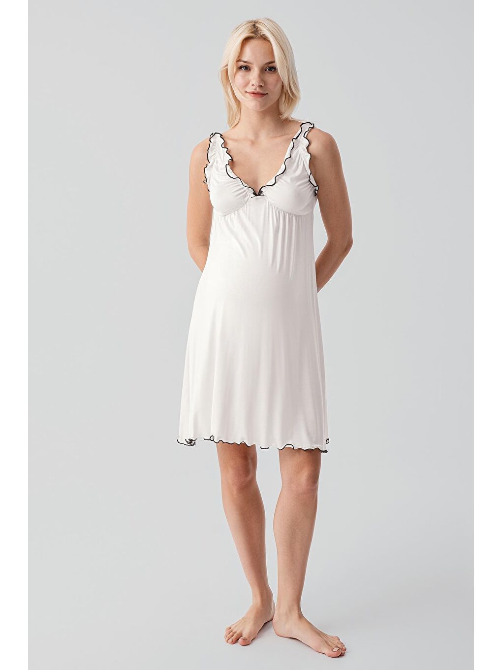 Ekru Askılı Kısa Esnek Viskoz Hamile Sabahlık Gecelik Takım 19400-9