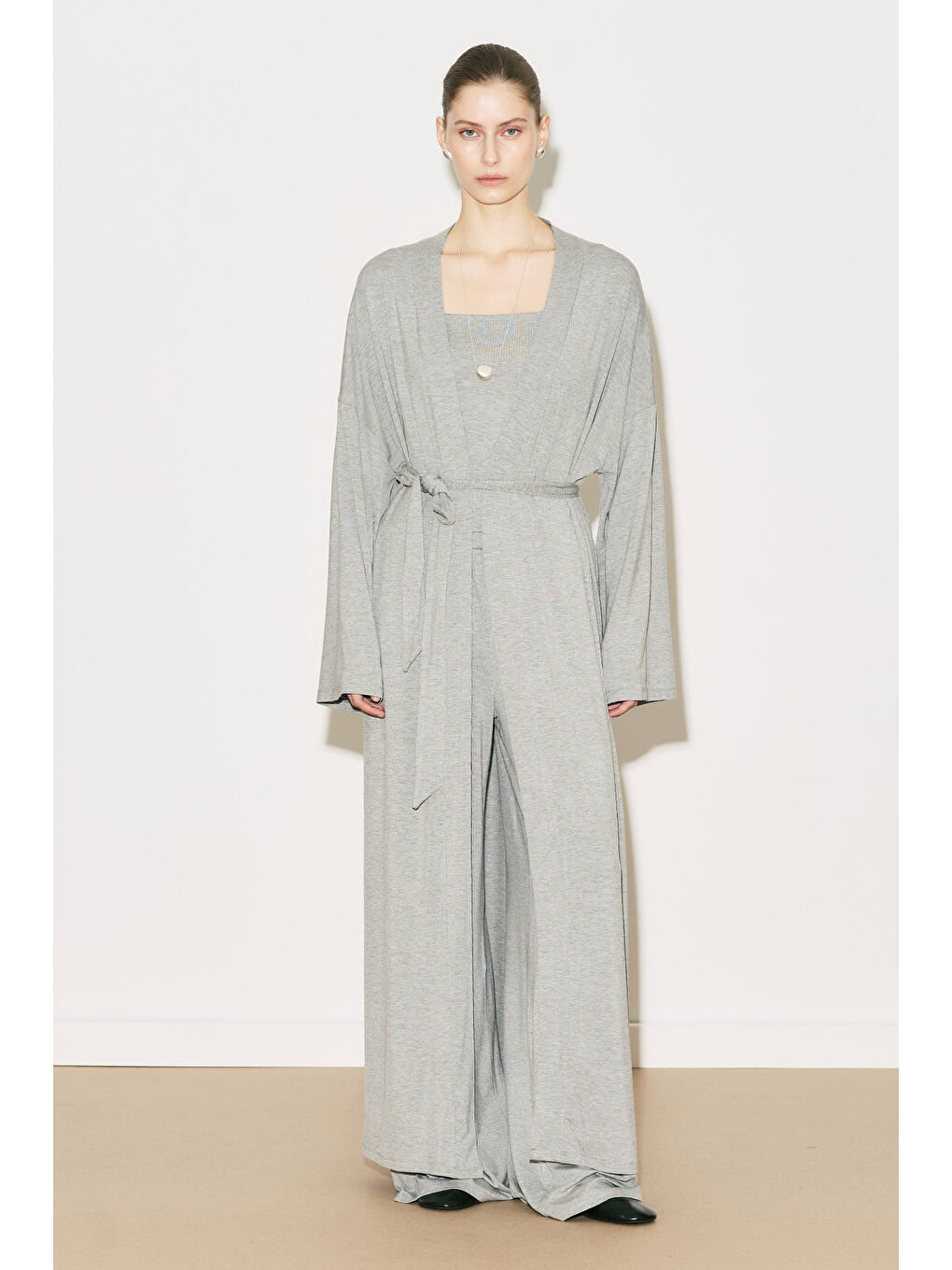 Easy Rahat Uzun Kimono Gri Melanj-1