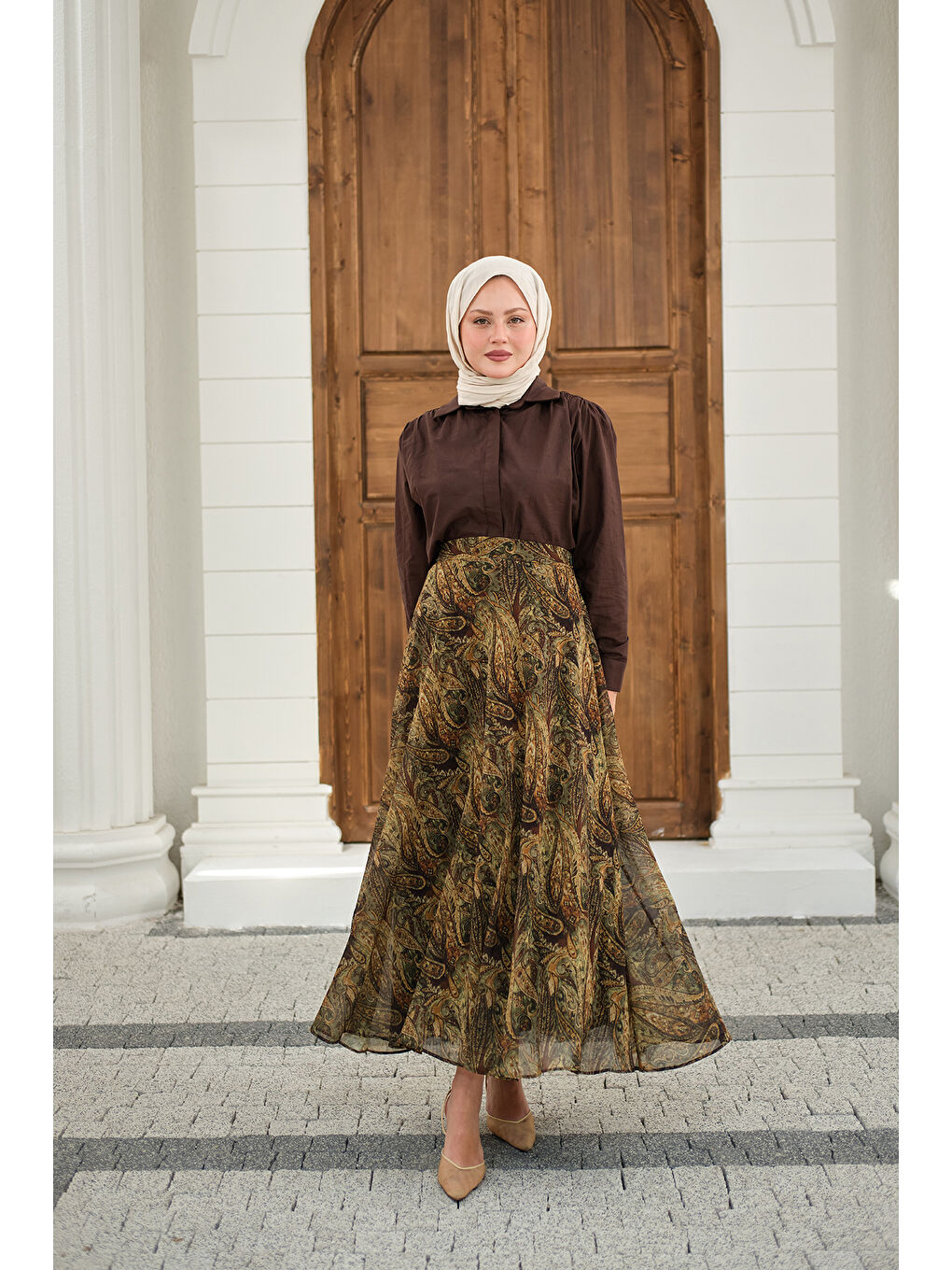 Kadın Etnik Desen Şifon Etek Yeşil-3