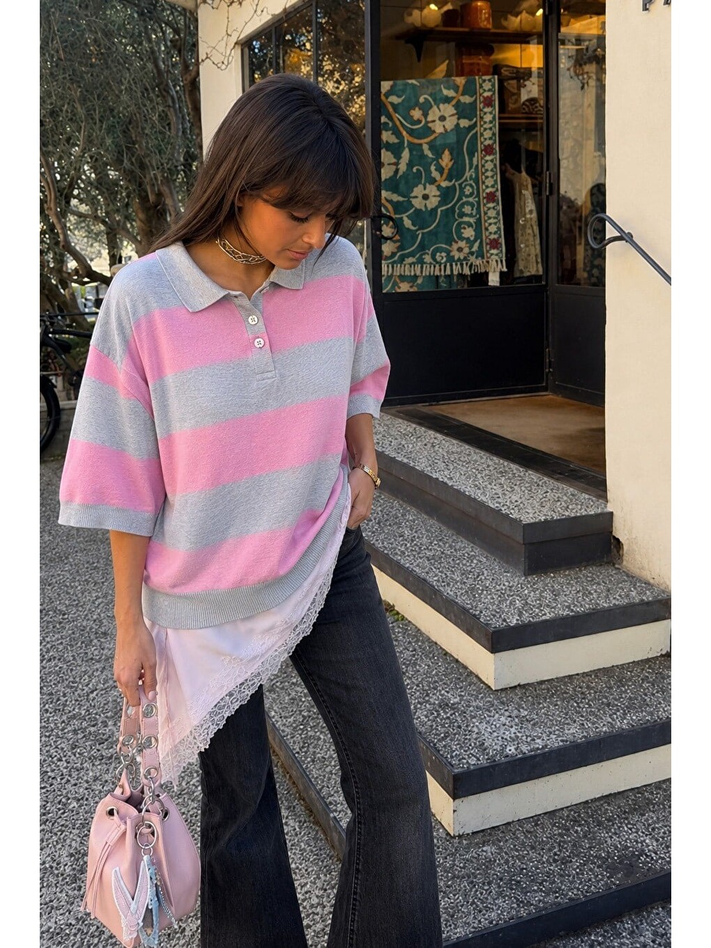 Gri Çizgili  Polo Yaka Basic Kadın Tişört Mg2833-1