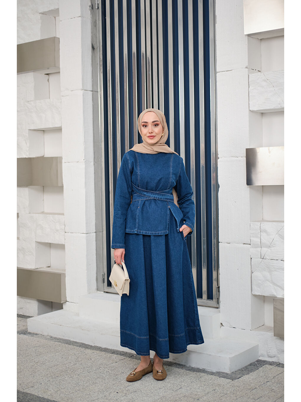 Kadın Önden Yırtmaçlı Beli Kemerli Takım Lacivert-4