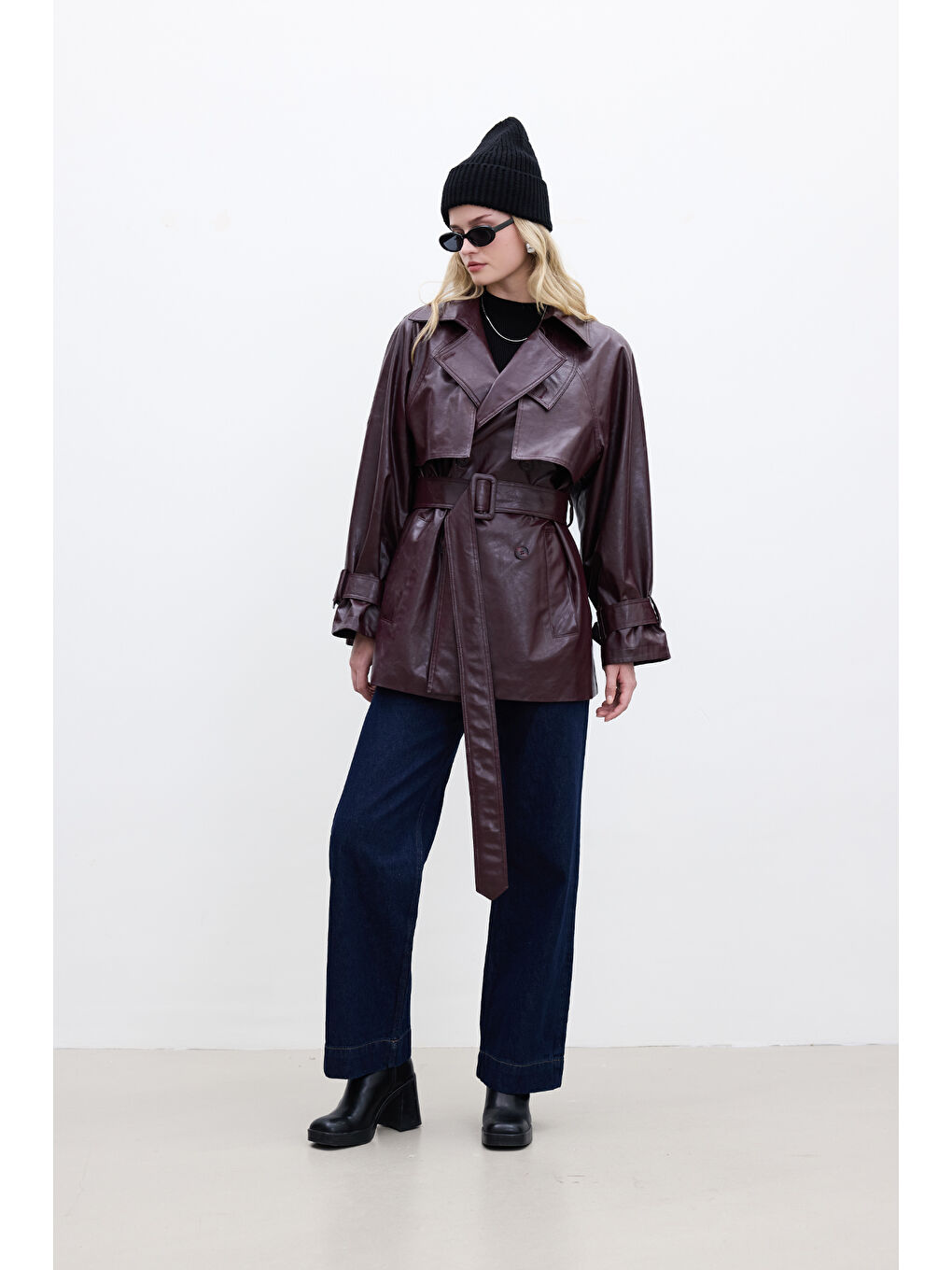 Deri Oversize Trençkot Bordo-1