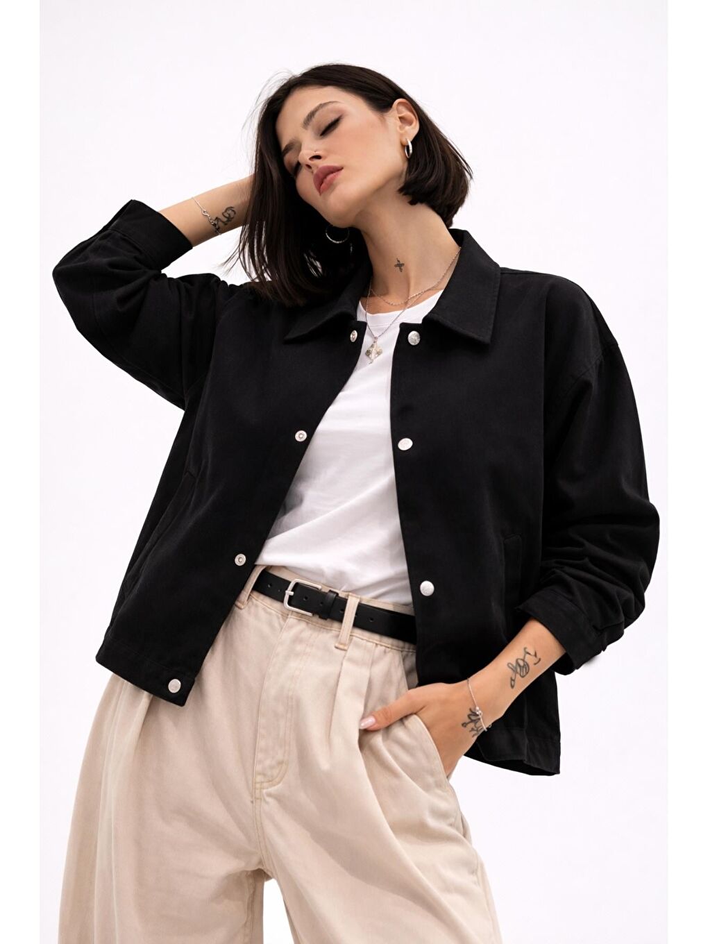 Siyah Kadın Oversize Basic Gabardin Mevsimlik Polo Yaka Ceket-4