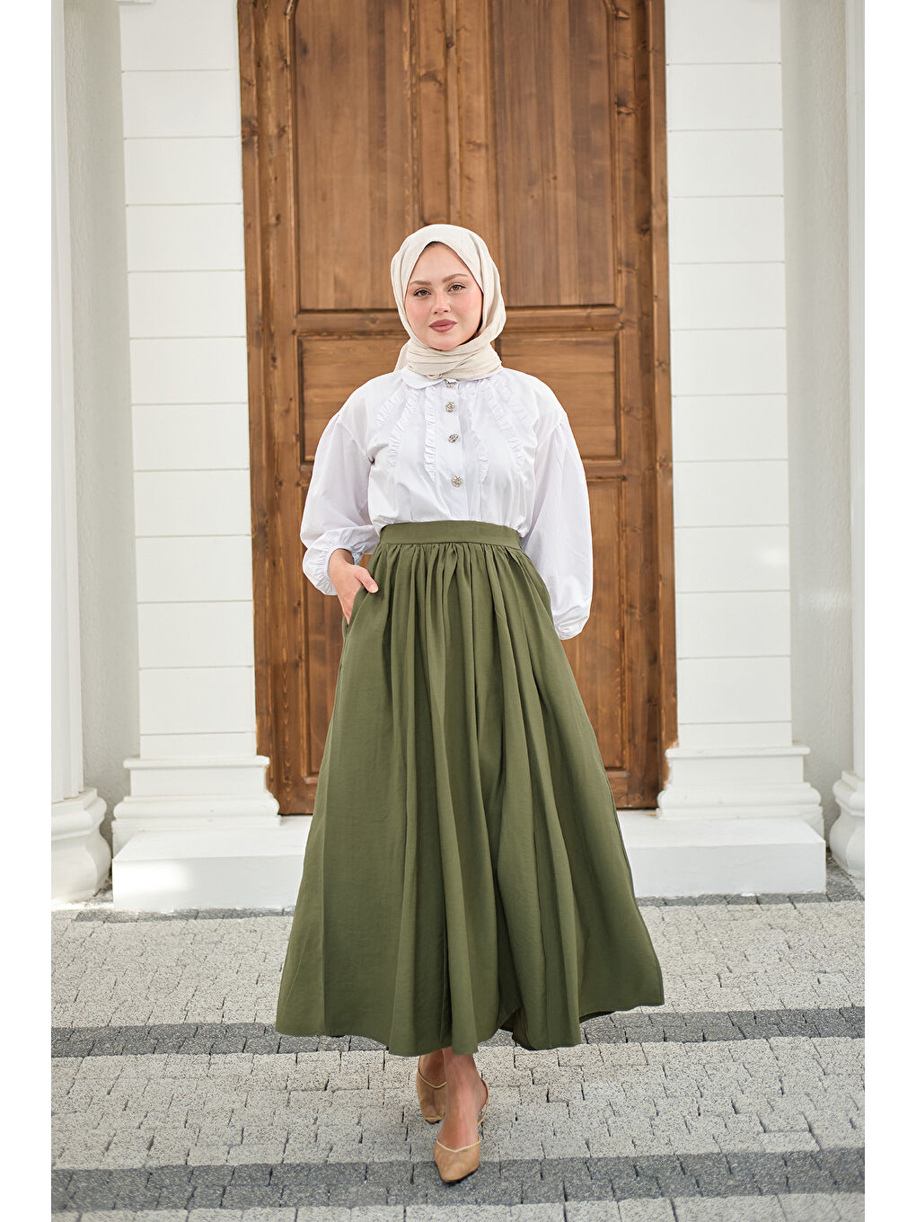 Kadın Önden Büzgülü Çift Cepli Etek Haki Yeşil-4