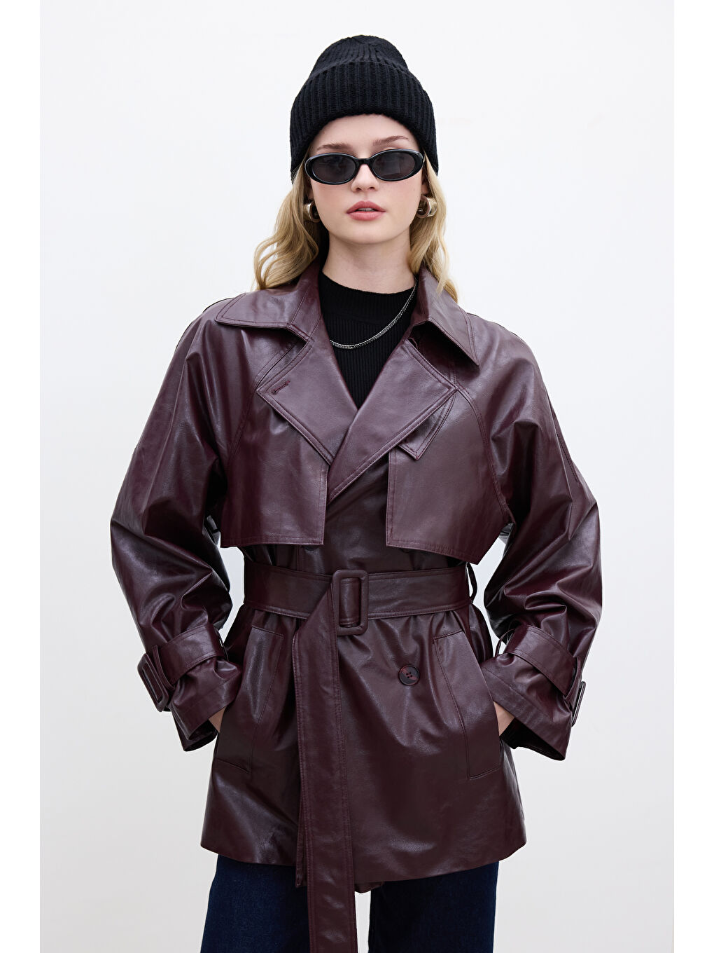 Deri Oversize Trençkot Bordo-2