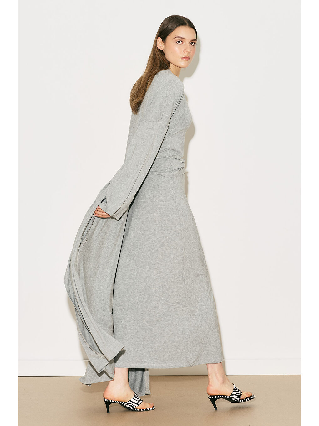 Easy Rahat Uzun Kimono Gri Melanj-2