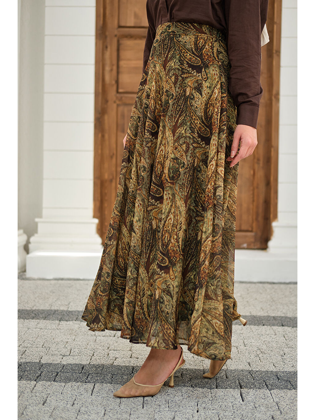 Kadın Etnik Desen Şifon Etek Yeşil-4