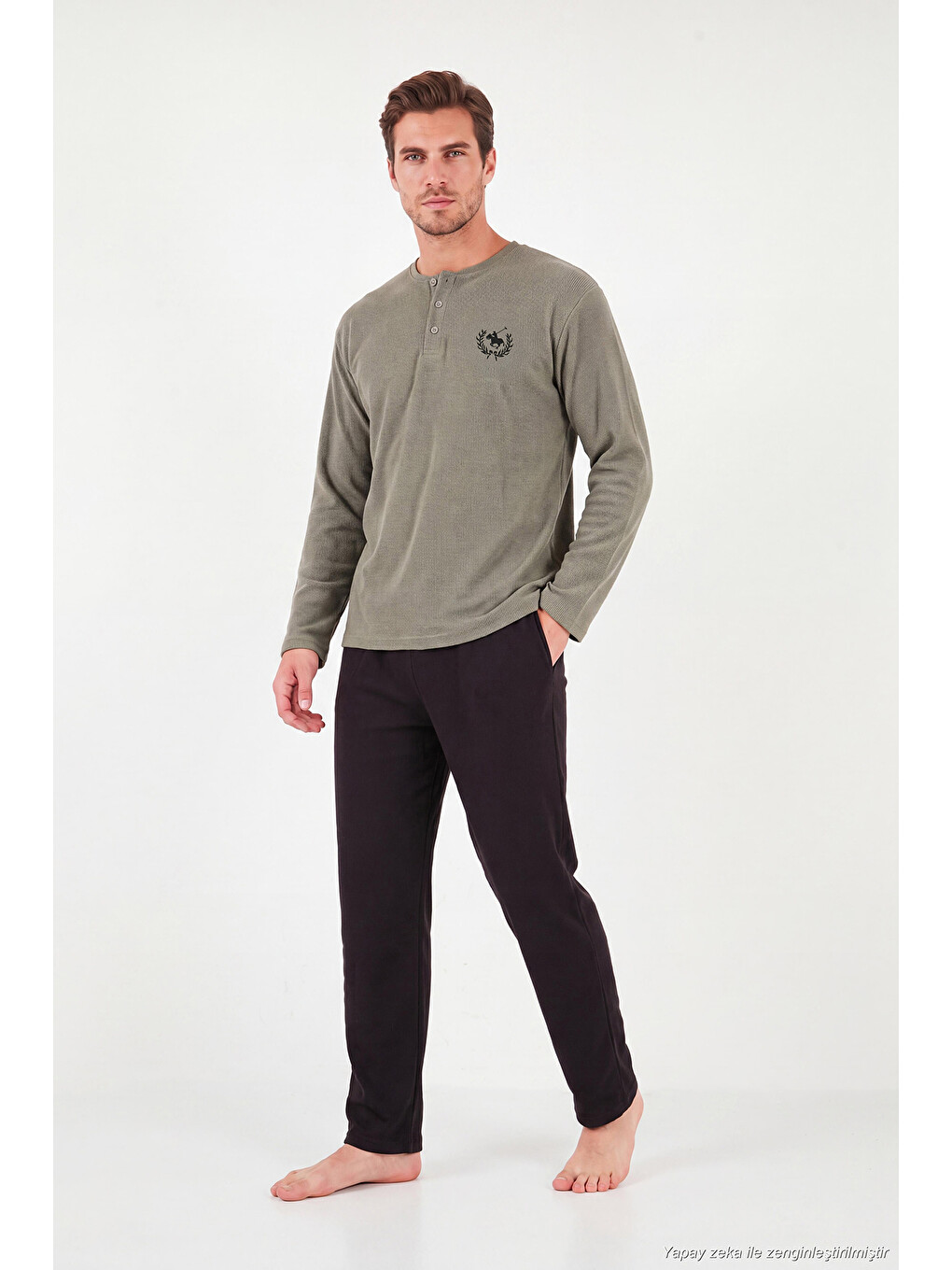 Haki Ultra Soft Düğmeli Bisiklet Yaka Pijama Takımı 6575011-5