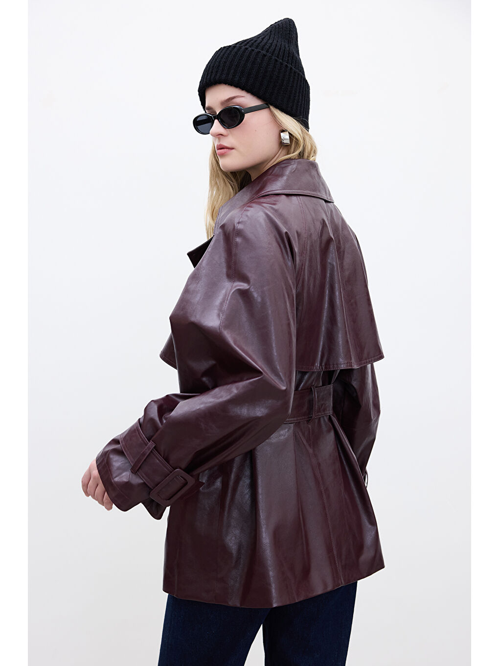 Deri Oversize Trençkot Bordo-3