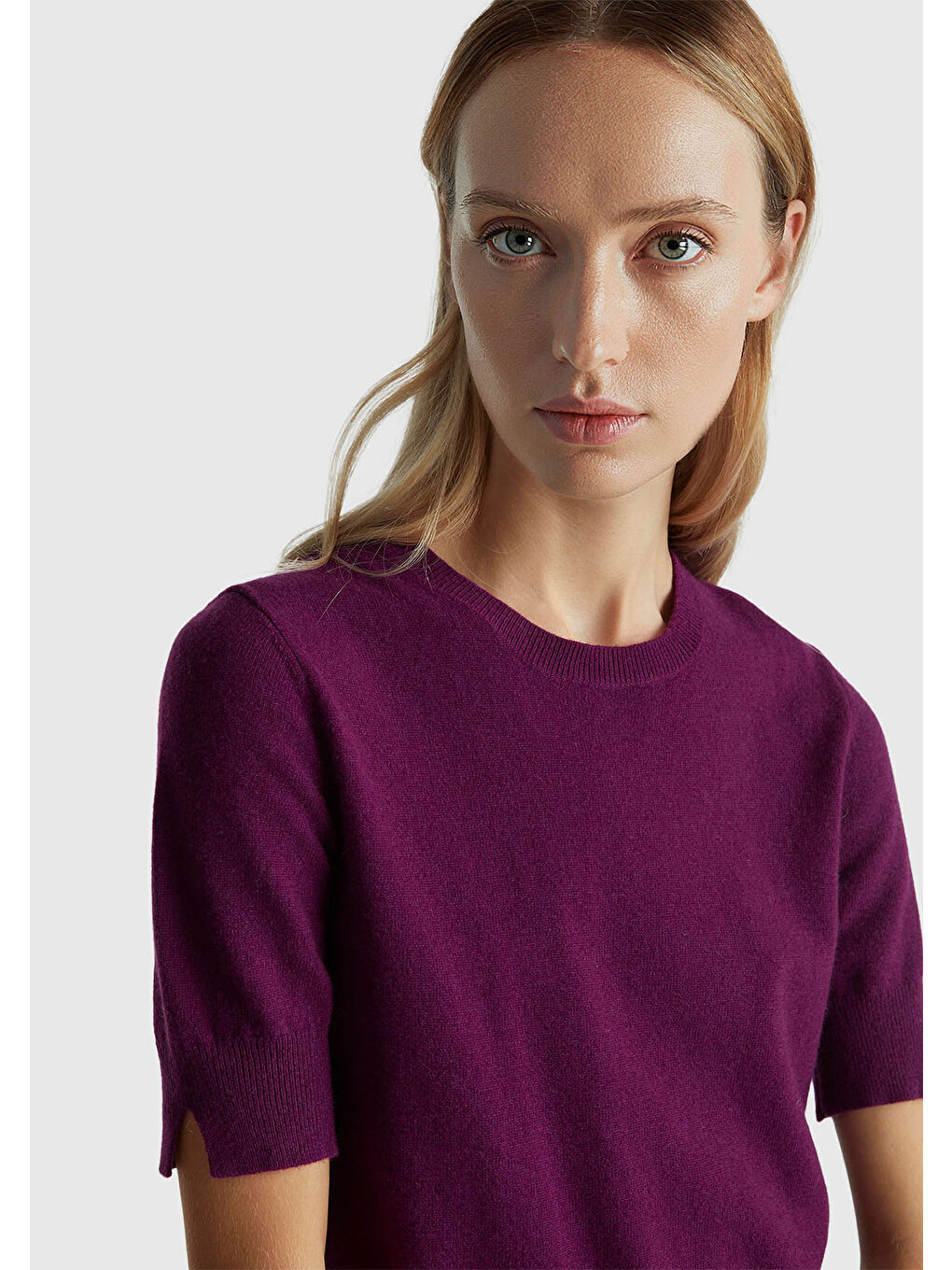 Kadın Mürdüm %100 Merino Bisiklet Yaka  Kısa Kollu Kazak-5