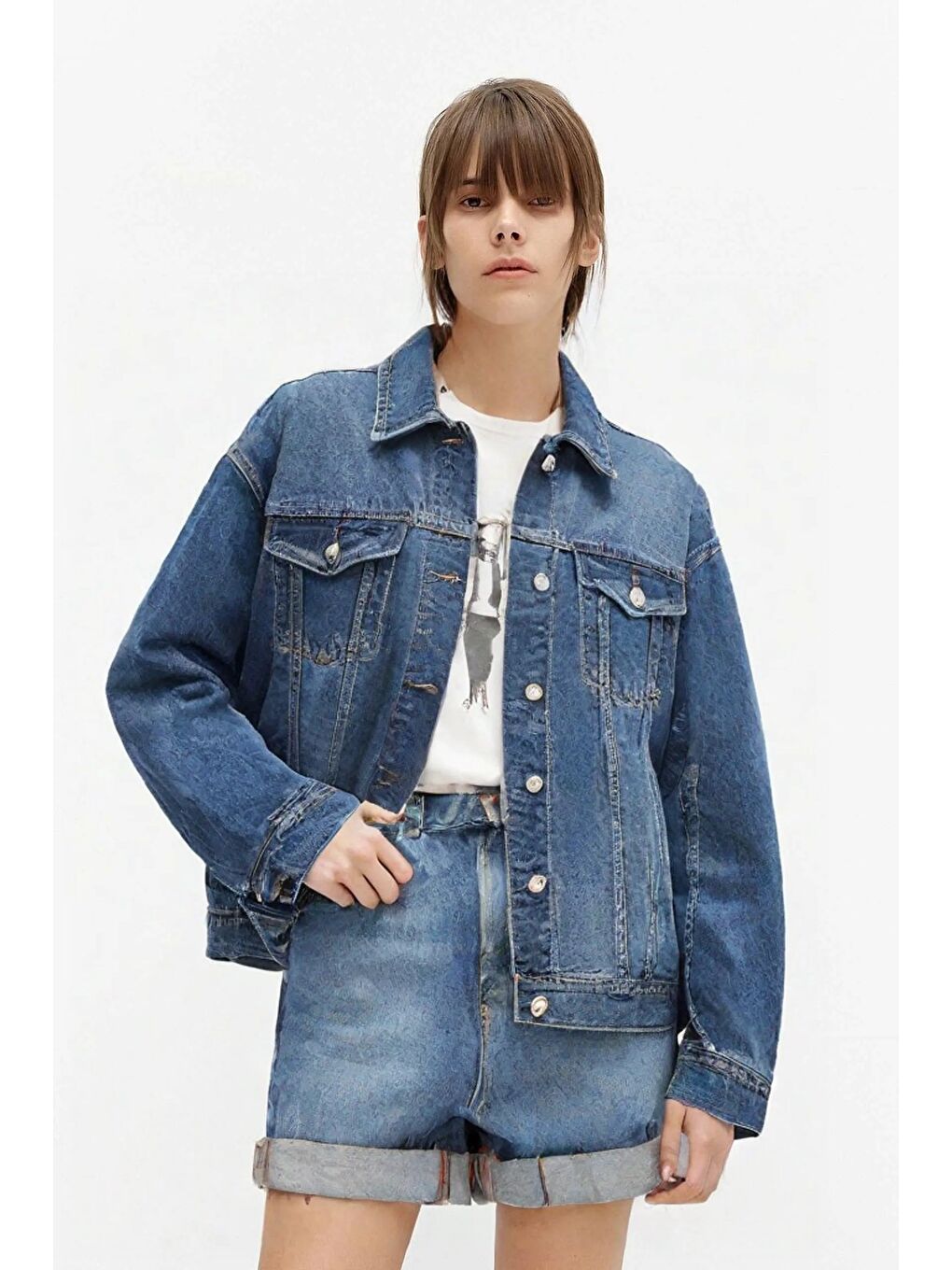 Mavi Oversize Rahat Kesim Orta Yıkama Klasik Jean Ceket -  '90 Vintage