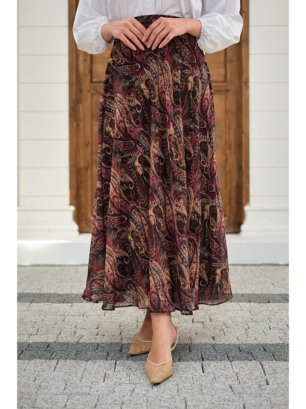 Kadın Etnik Desen Şifon Etek Mürdüm