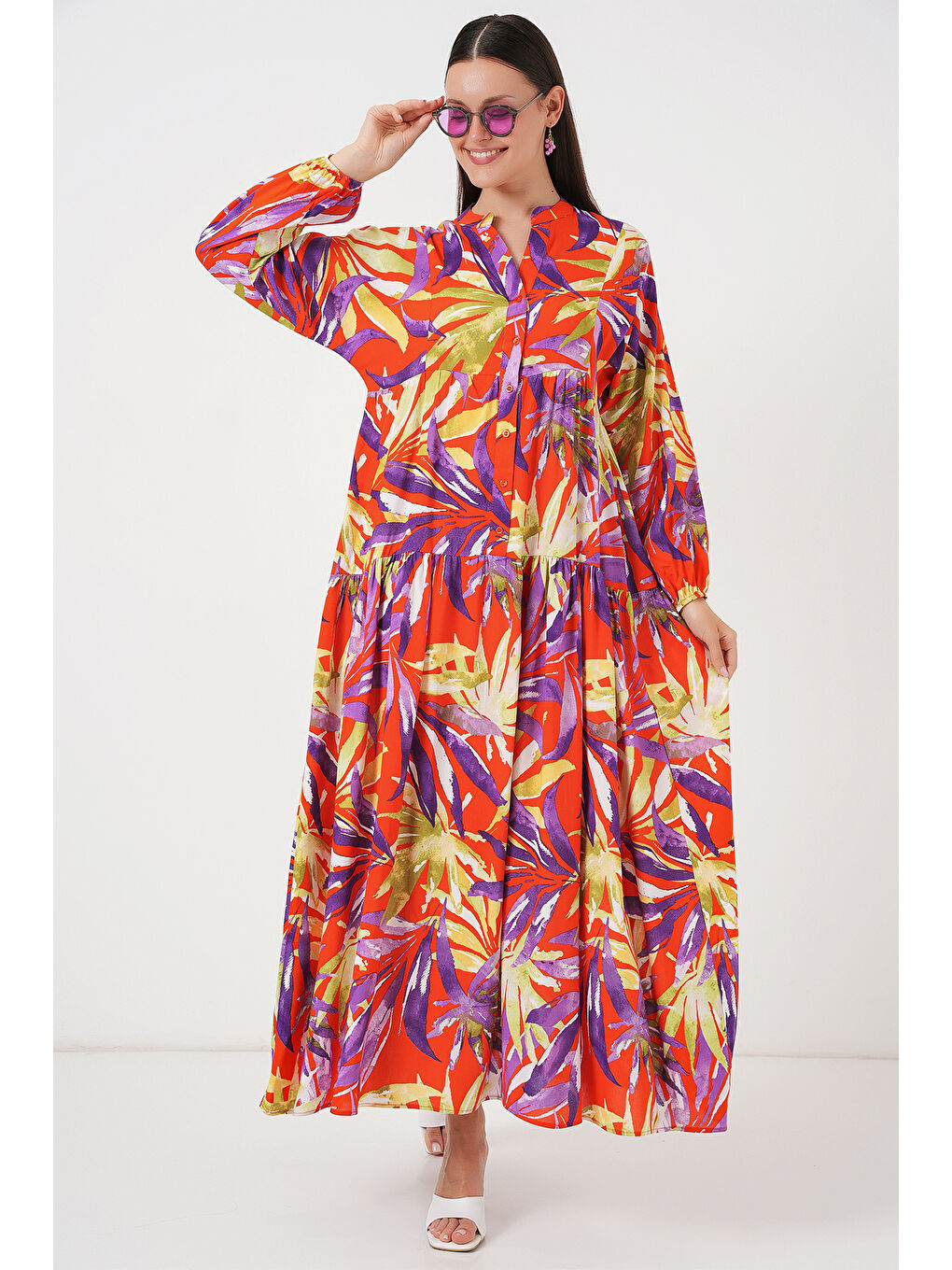 2423 Otantik Desenli Tesettür Elbise - B.Lila