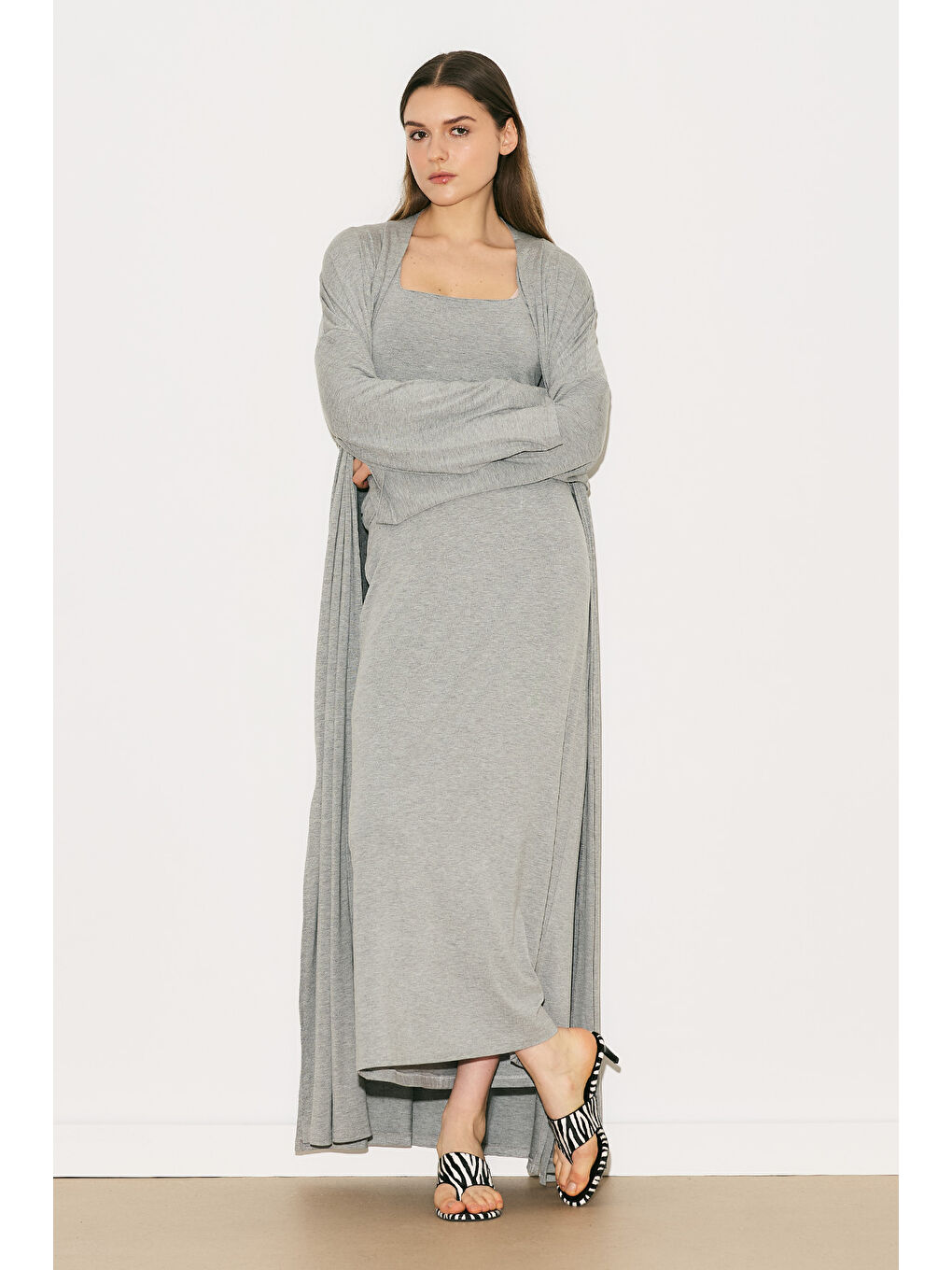 Easy Rahat Uzun Kimono Gri Melanj-4