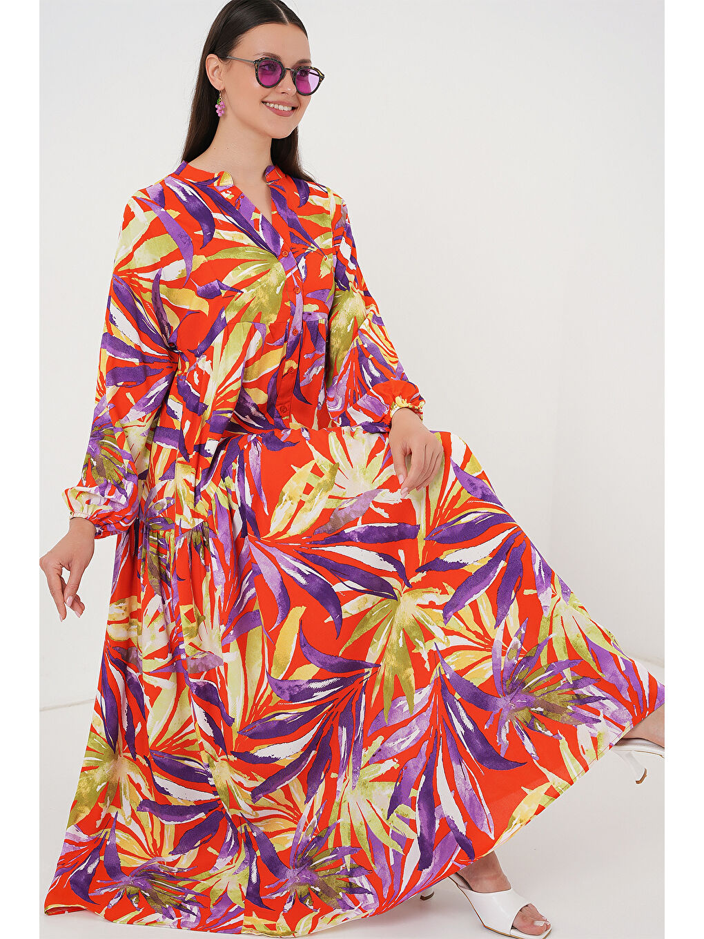 2423 Otantik Desenli Tesettür Elbise - B.Lila-1