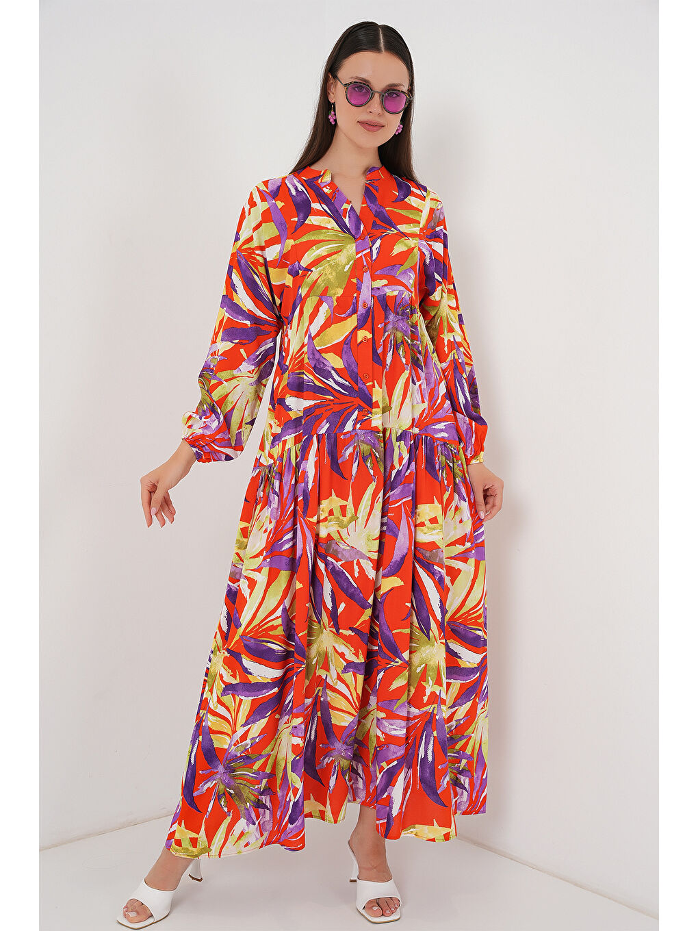 2423 Otantik Desenli Tesettür Elbise - B.Lila-2