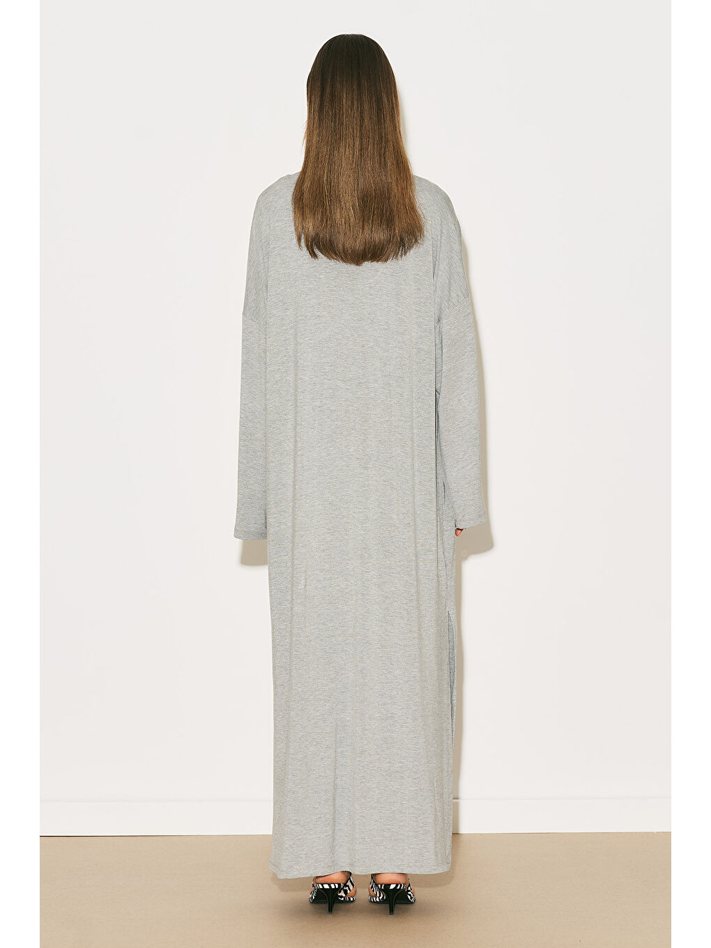 Easy Rahat Uzun Kimono Gri Melanj-5