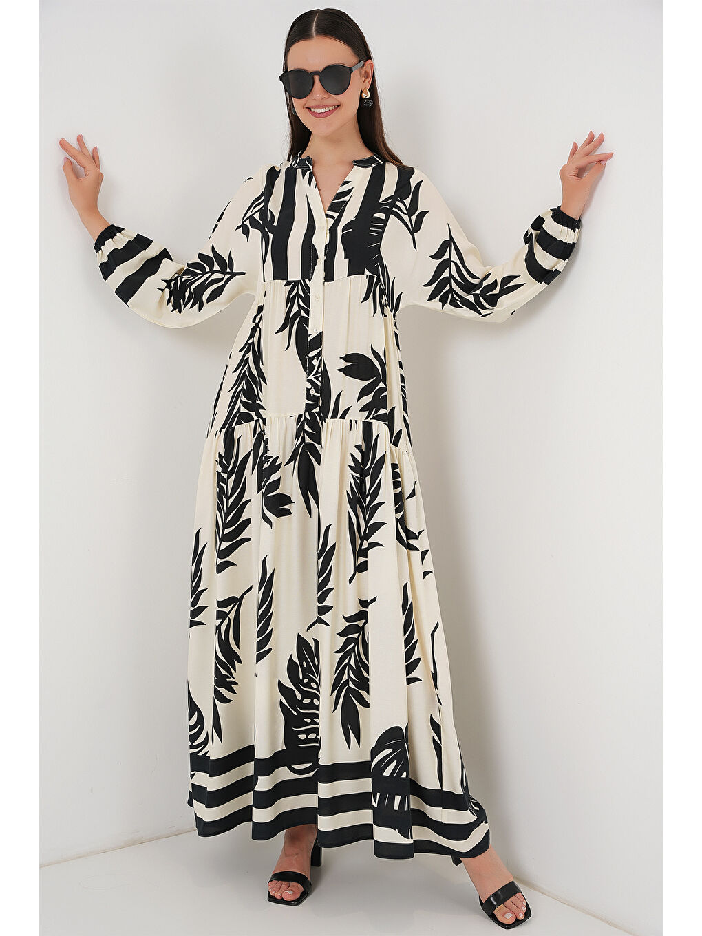 2423 Otantik Desenli Tesettür Elbise - A.Beyaz-2