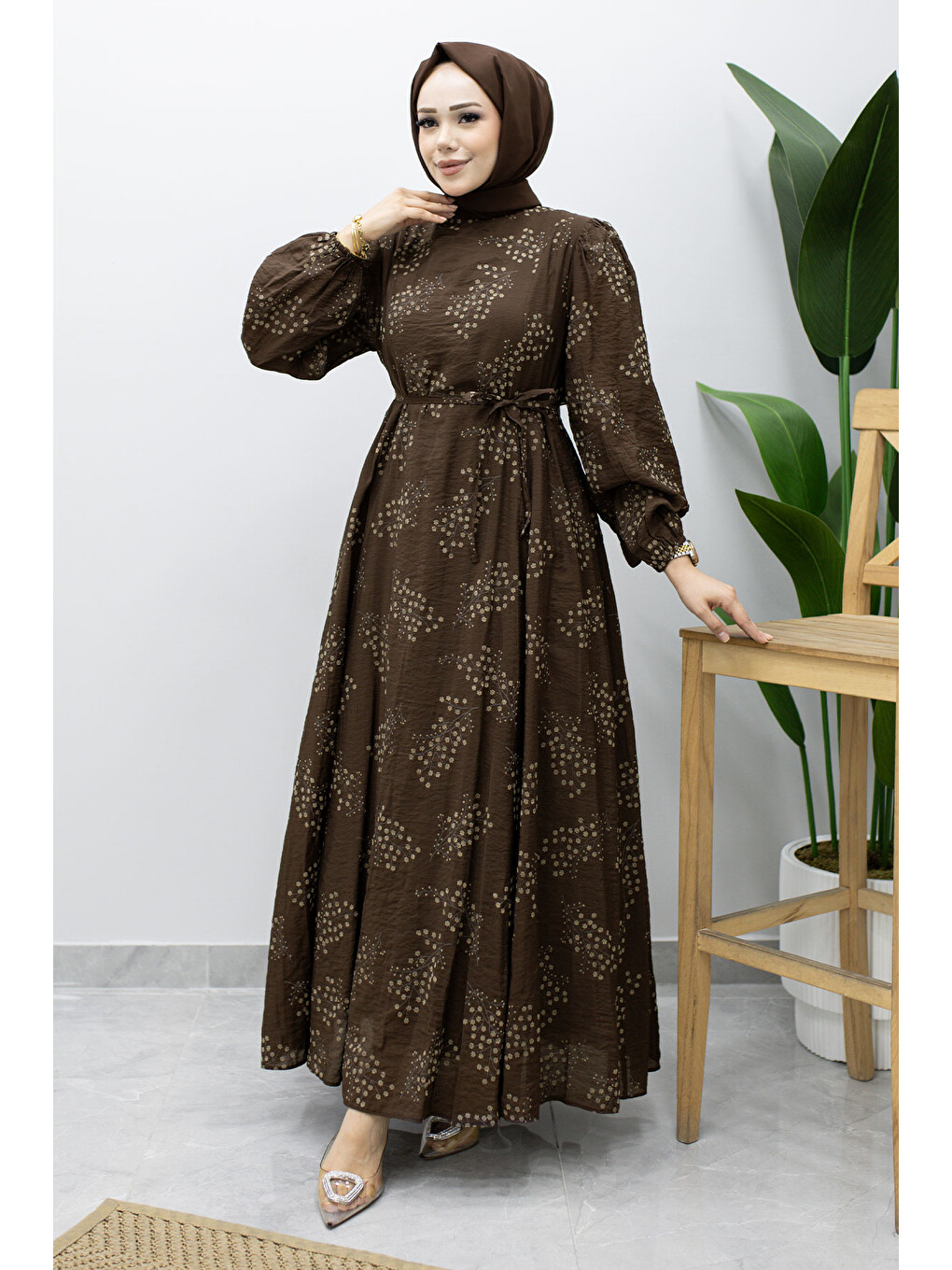 Astarlı Dal Desenli Elbise Tsd260238 Kahverengi-2