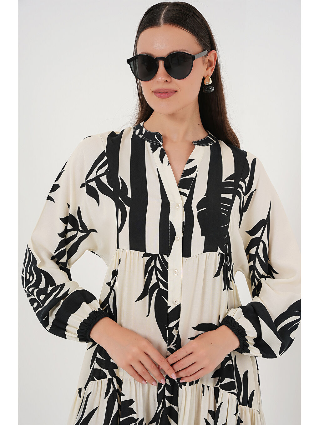 2423 Otantik Desenli Tesettür Elbise - A.Beyaz-3