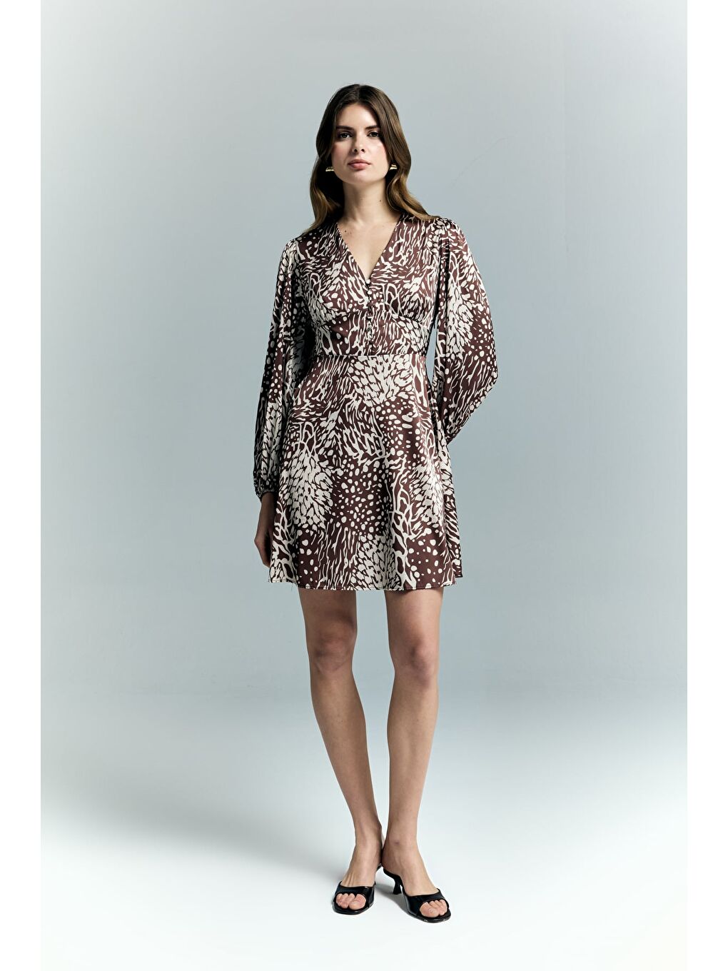 Kahverengi Desenli Mini Elbise - Kahve