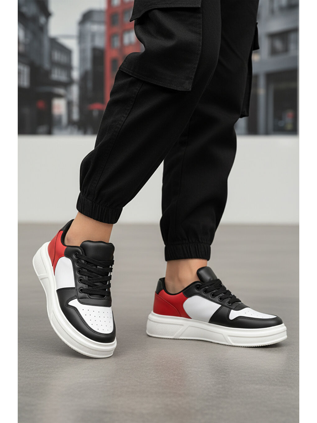 Beyaz Siyah Bağcıklı Cilt Hafif Unisex Sneaker Aper 049 G-2